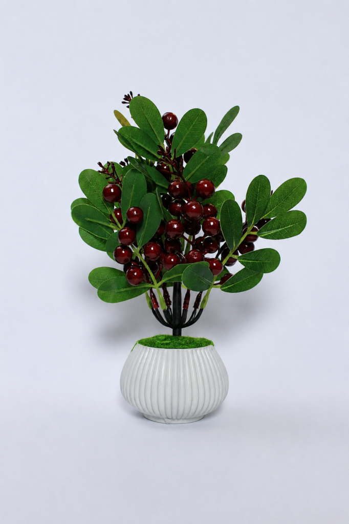Aurmio Berry Bloom Faux Plant — White Ribbed Pot